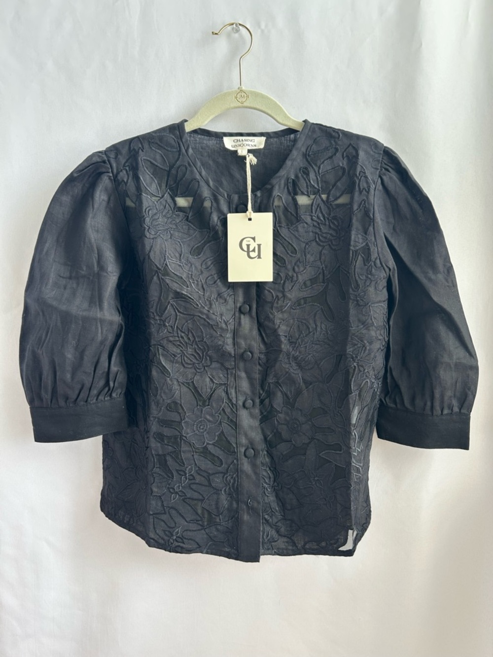 Chasing Unicorns Embroidered Black Satin Puff Sleeve Blouse Linen - Picture 2 of 5